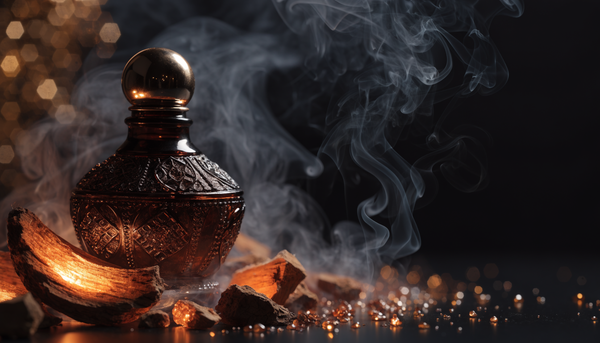 Ornate Arabic oud perfume bottle with incense and amber